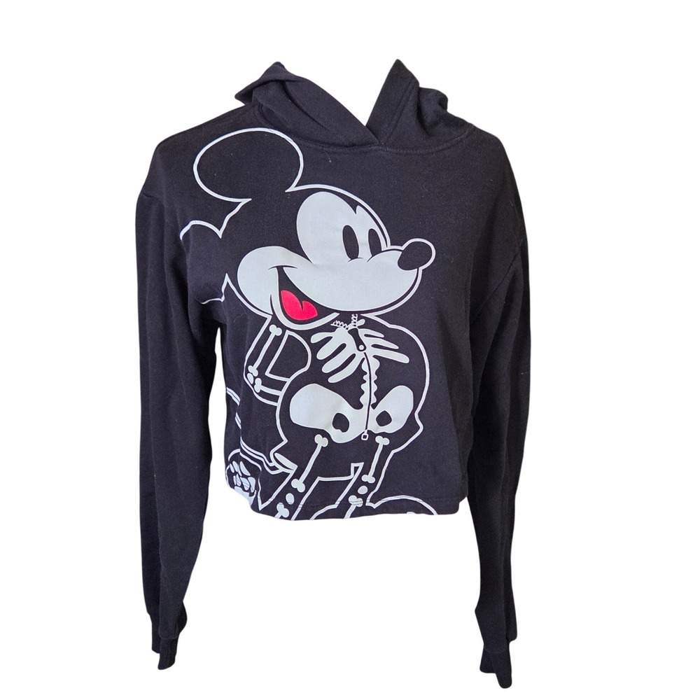 Disney Mickey Mouse Skeleton Cropped Hoodie Black XS Halloween Graphic Pullover